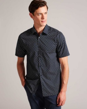 Navy Ted Baker Forter Short Sleeve Geometric Print Shirt | ZA0000949