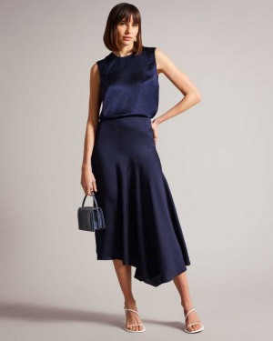 Navy Ted Baker Francic Hammered Satin Slip Skirt | ZA0001066