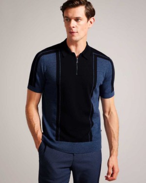 Navy Ted Baker Jesty Short Sleeve Wool Zip Polo Shirt | ZA0000904