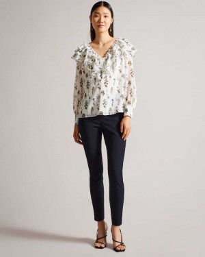 Navy Ted Baker Liroi High Waisted Trousers With Faux Poppers | ZA0001510