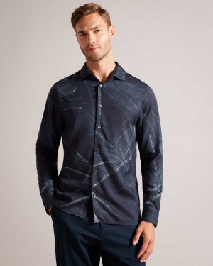 Navy Ted Baker Loreto Long Sleeve Dragonfly Shirt | ZA0000996