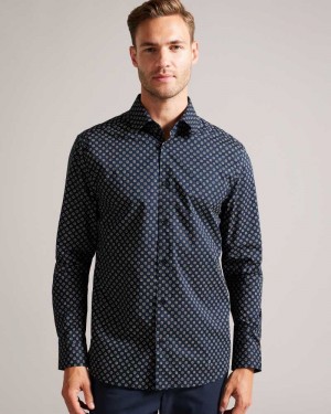 Navy Ted Baker Lorter Long Sleeve Geometric Print Shirt | ZA0001028