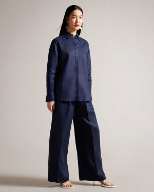 Navy Ted Baker Lucihh Tailored Linen Wide Leg Trousers | ZA0001486