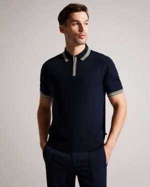 Navy Ted Baker Pierrot Short Sleeve Stripe Trim Polo Shirt | ZA0000851