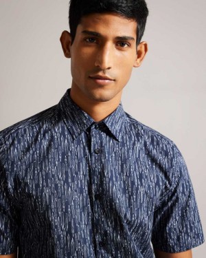 Navy Ted Baker Rieti Short Sleeve Fountain Pen Print Shirt | ZA0000993