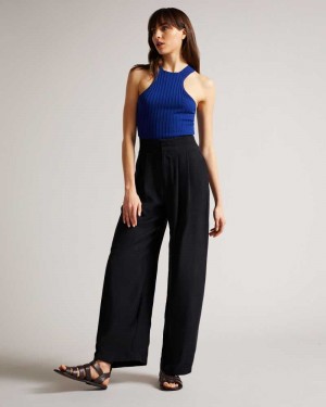 Navy Ted Baker Ronia Pleated Wide Flood Length Trousers | ZA0001482