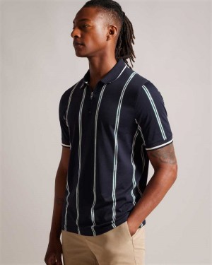 Navy Ted Baker Sisons Short Sleeve Zip Polo With Striped Branding | ZA0000855