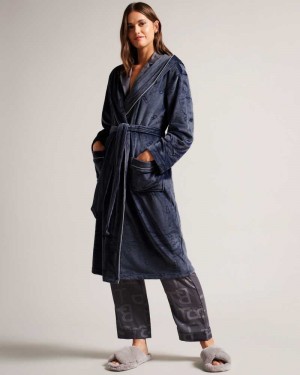 Navy Ted Baker Slepsal Long Plush Hooded Dressing Gown | ZA0000836