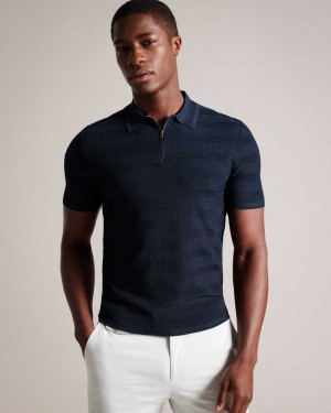 Navy Ted Baker Stree Short Sleeve Textured Polo Shirt | ZA0000910