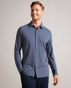 Navy Ted Baker Velino Long Sleeve Bi-Stretch Geometric Shirt | ZA0000988