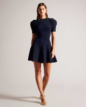 Navy Ted Baker Velvey Puff Sleeve Dress With Engineered Skirt | ZA0000247