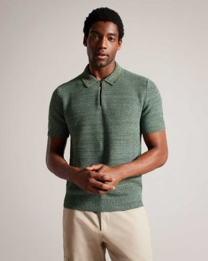 Olive Ted Baker Blossam Short Sleeve Zip Polo Shirt | ZA0000895