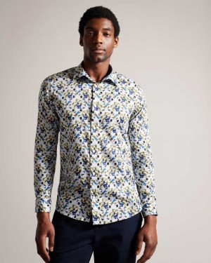 Pale Blue Ted Baker Arigna Long Sleeve Magnolia Print Shirt | ZA0000976