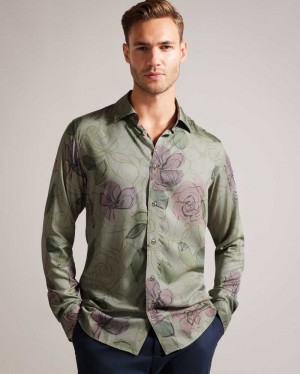 Pale Green Ted Baker Bobbio Long Sleeve Sketchy Floral Print Shirt | ZA0000974