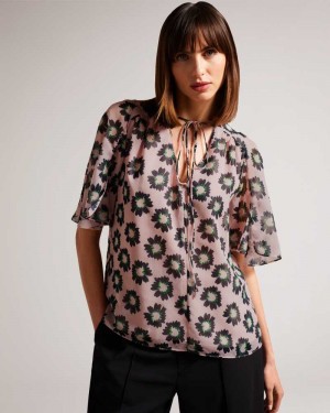 Pink Ted Baker Harlynn Split Sleeve Top With Neck Tie | ZA0001378