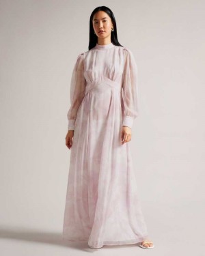 Pink Ted Baker Huron Long Sleeve Maxi Dress With Blouson Sleeve | ZA0000157