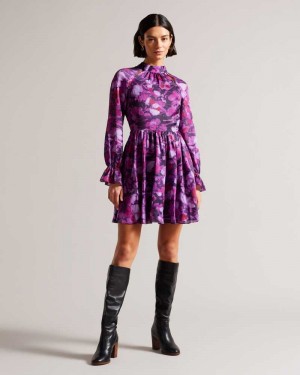 Purple Ted Baker Sammieh High Neck Fit And Flare Mini Dress | ZA0000140