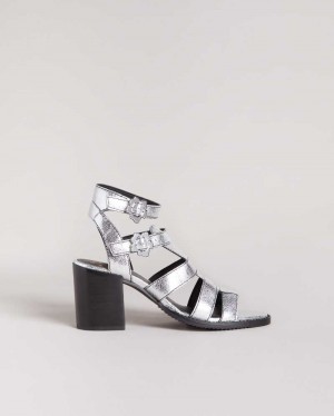 Silver Ted Baker Taylay Strappy Block Heeled Crinkled Leather Sandals | ZA0001683