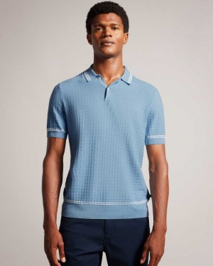 Sky Blue Ted Baker Maytain Short Sleeve Textured Polo Shirt | ZA0000852