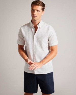 Stone Ted Baker Lytham Short Sleeve Striped Linen Shirt | ZA0000973