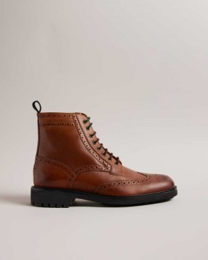 Tan Ted Baker Jakobe Brogue Detail Leather Lace Up Boots | ZA0001601