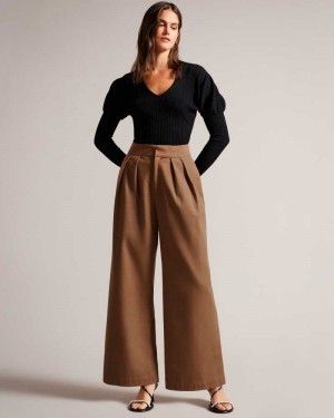 Tan Ted Baker Oaklia Pleated Wide Leg Trousers | ZA0001475