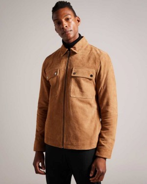 Tan Ted Baker Thierry Suede Zip Through Shacket | ZA0000625