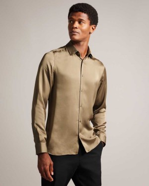 Taupe Ted Baker Corato Long Sleeve Lustrous Shirt | ZA0001020