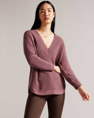 Taupe Ted Baker Lerissa Slouchy V Neck Jumper | ZA0000681