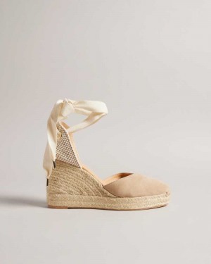 Taupe Ted Baker Puritas Suede Ribbon Tie Espadrille Wedges | ZA0001739