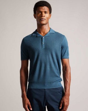 Teal Blue Ted Baker Adio Short Sleeve Textured Polo Shirt | ZA0000878