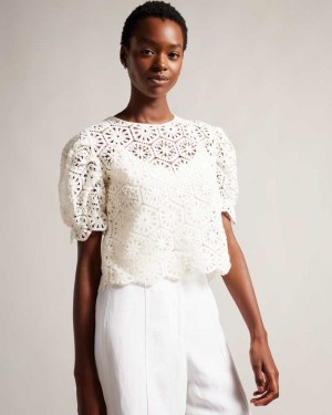 White Ted Baker Ambya Crochet Knit Puff Sleeve Top | ZA0001347