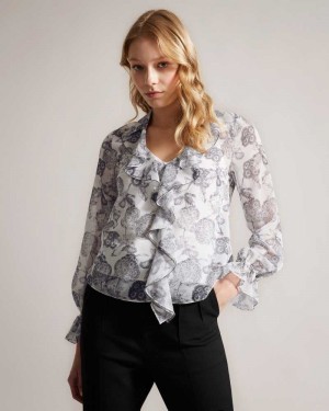 White Ted Baker Anniye Ruffle Blouse With Metal Ball Trim | ZA0001324