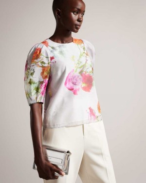 White Ted Baker Ayymee Boxy Cropped Top with Puff Sleeve | ZA0001371