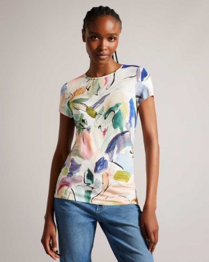 White Ted Baker Elehna Magnolia Art Print T-Shirt | ZA0001230