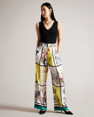 White Ted Baker Embelae Wide Leg Botanical Patchwork Trousers | ZA0001522