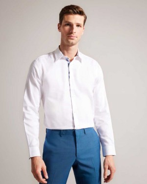 White Ted Baker Fherls Herringbone Long Sleeve Cotton Shirt | ZA0001015