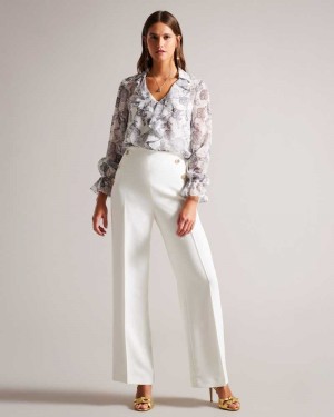 White Ted Baker Llaylat Embossed Button Wide Leg Trousers | ZA0001479