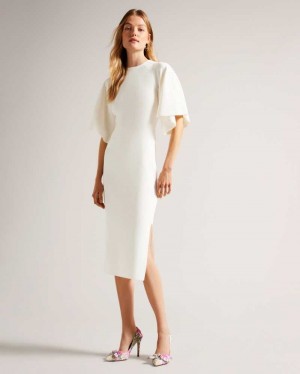 White Ted Baker Lounia Fluted Sleeve Knitted Bodycon Midi Dress | ZA0000201