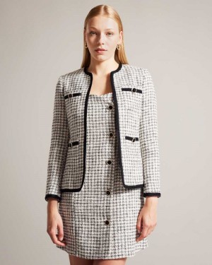 White Ted Baker Lyrra Dogtooth Boucle Collarless Jacket | ZA0001152