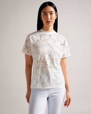 White Ted Baker Maralo Floral Lace Relaxed T-Shirt | ZA0001265