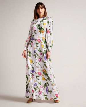 White Ted Baker Marggoh Blouson Sleeve Floral Maxi Dress | ZA0000235