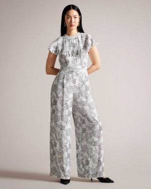 White Ted Baker Marlih Cape Jumpsuit With Ladder Lace Details | ZA0001469