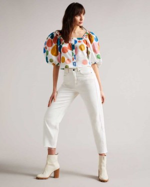 White Ted Baker Nelda Puff Sleeve Cropped Top | ZA0001398