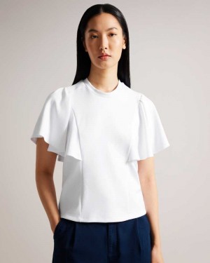 White Ted Baker Nikilaa Boxy Ruffle Sleeve T-Shirt | ZA0001272