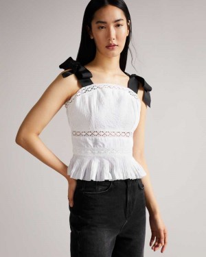 White Ted Baker Pietri Lace Insert Peplum Top With Grosgrain Straps | ZA0001332