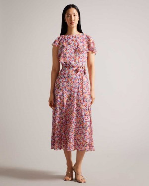 White Ted Baker Priiyah Midaxi Belted Tea Dress With Ruffles | ZA0000185