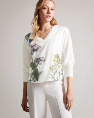 White Ted Baker Raili Woven Front V Neck Sweater | ZA0000774