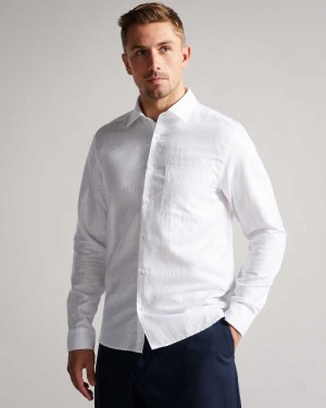 White Ted Baker Remark Long Sleeve Linen Shirt | ZA0000970