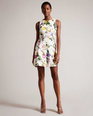 White Ted Baker Ruxane Printed Neoprene Skater Dress | ZA0000211